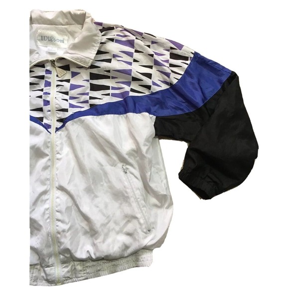 Vintage Wilson Windbreaker Jacket Womens Large L Tennis White Purple Geometric - Picture 2 of 13